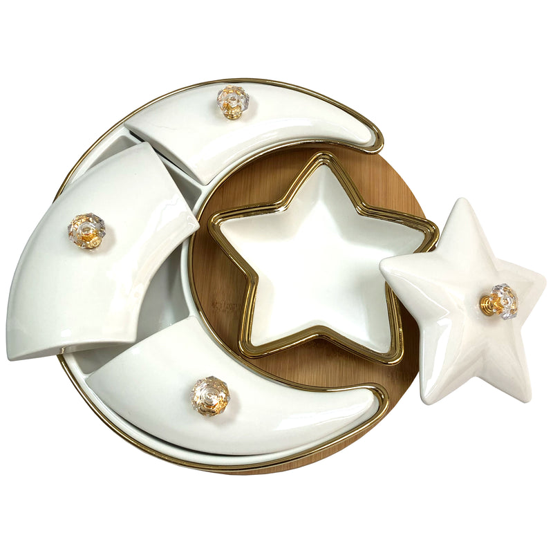 White & Natural Wood Ceramic Crescent Moon & Star Divided Snack/Treat Serving Dish