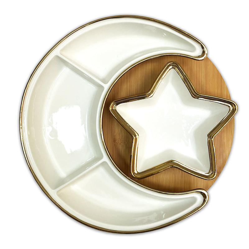 White & Natural Wood Ceramic Crescent Moon & Star Divided Snack/Treat Serving Dish