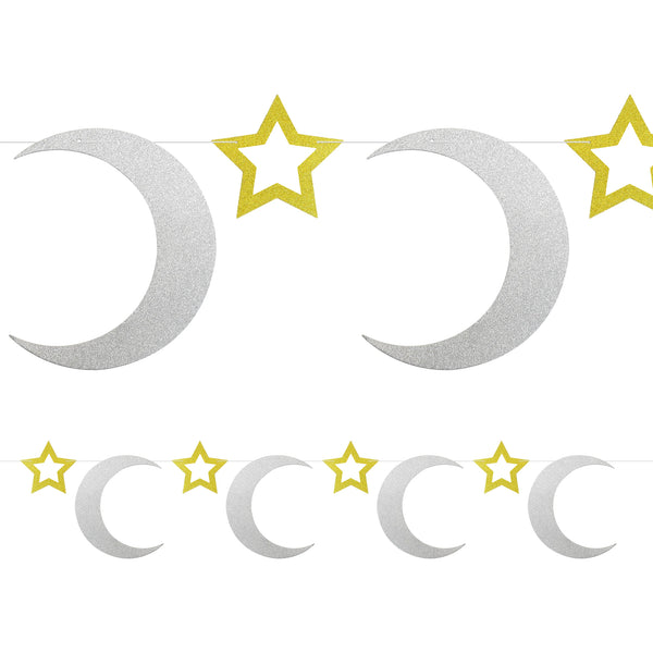 Gold & Silver Glitter Crescent Moon & Cutout Star Bunting - 2 meters