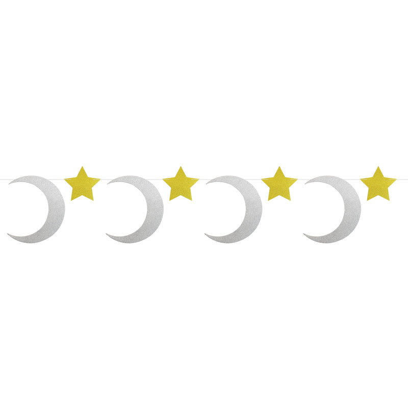 Gold Glitter Ramadan Mubarak Letters, Gold/Silver Moon & Star 4-Piece Bunting Decoration Set