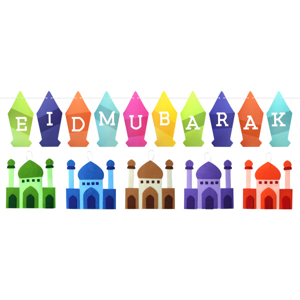 Multicolour Lantern Eid Mubarak Bunting & 5 Multicolour Felt Mosques Decoration Set