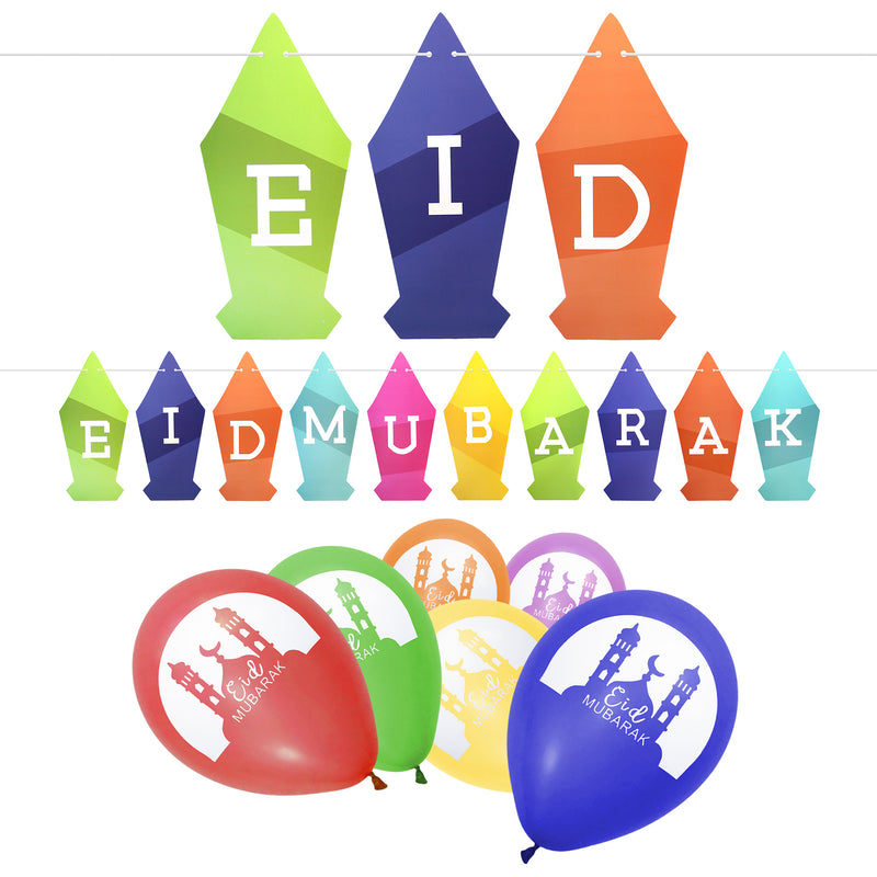 Multicolour Lantern Eid Mubarak Bunting & 10 Multicolour Mosque Balloons Set