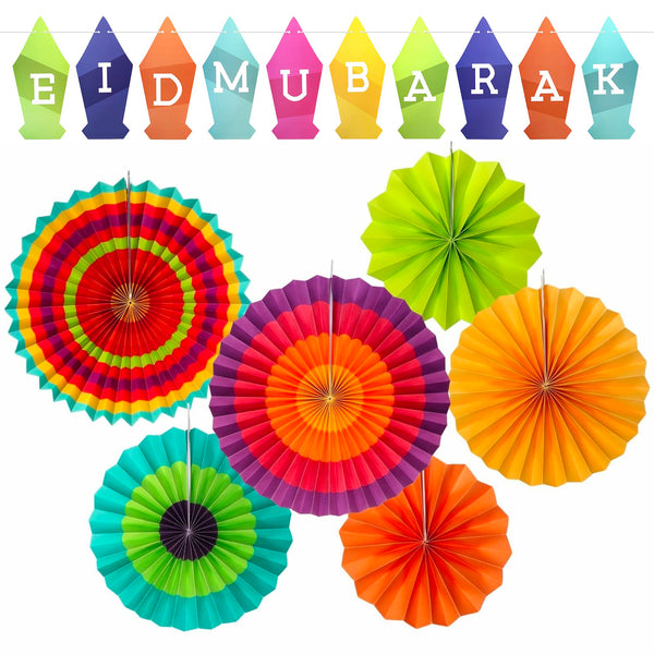 Multicolour Eid Mubarak Lantern Bunting & Assorted Multicolour Concertina Paper Fans Set