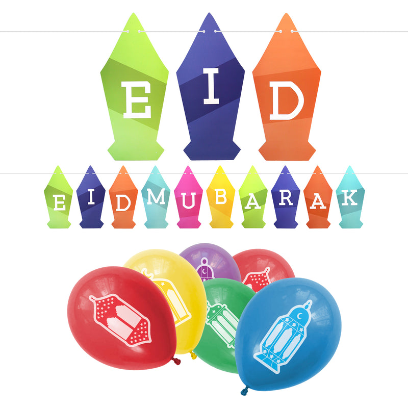 Multicolour Lantern Eid Mubarak Bunting & 10 Multicolour Lantern Balloons Set