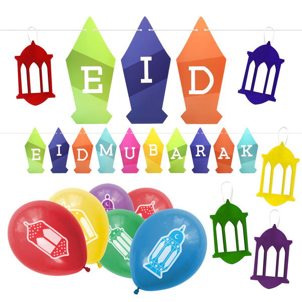 Multicolour Lantern Eid Mubarak Bunting, 5 Felt Lanterns & 10 Multicolour Lantern Balloons Set