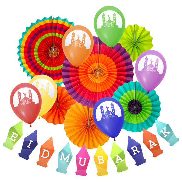 Eid Mubarak Multicolour Paper Hanging Fans, Lantern Bunting & Balloons Set