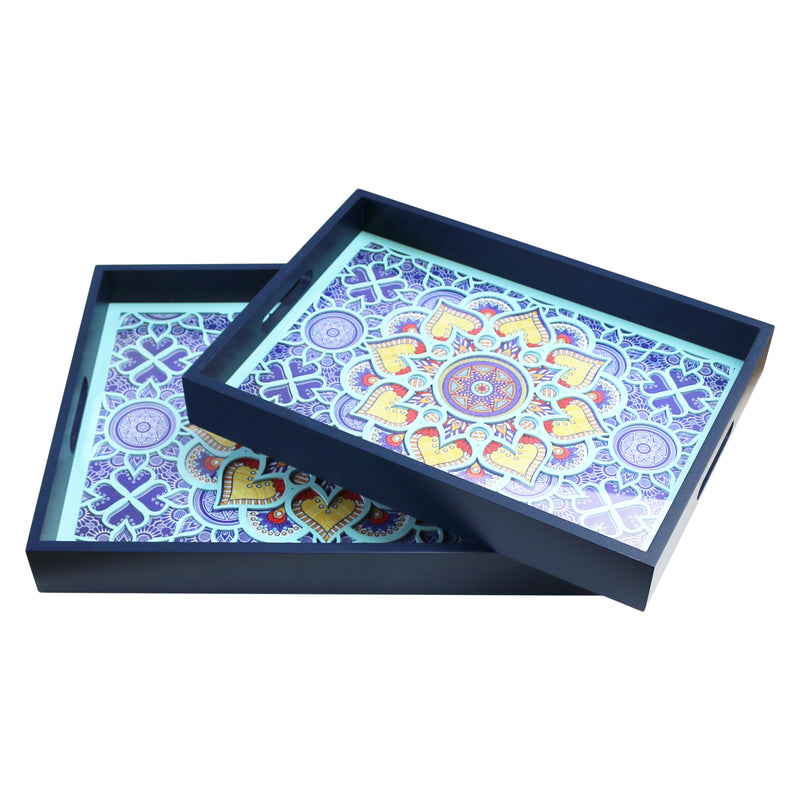 Medium & Large Navy Blue Wooden Floral Inlay Serving Trays
