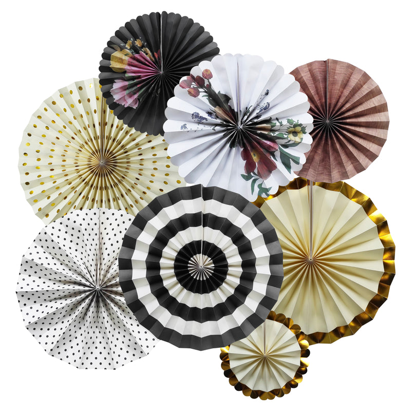 Vintage Style Paper Fans & Eid Mubarak Black Bunting & 4x Gold Paper Lantern Set
