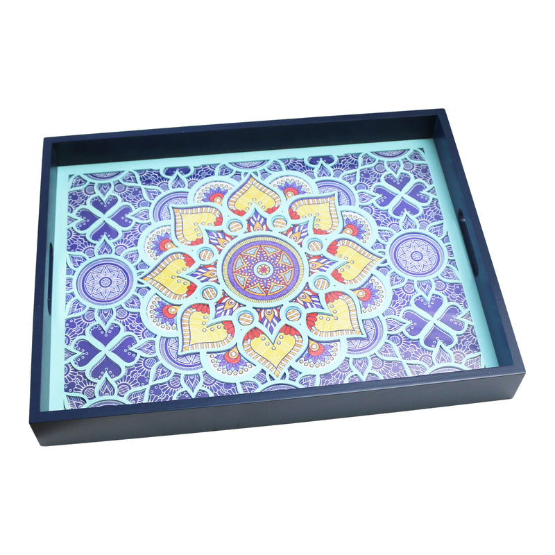 Medium & Large Navy Blue Wooden Floral Inlay Serving Trays