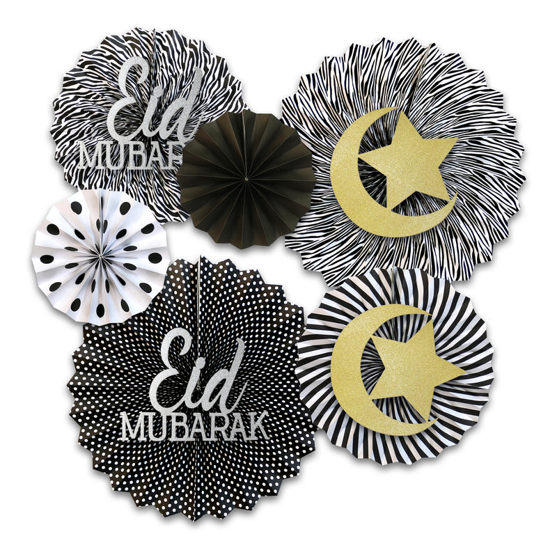 Set of 6 Black & White Eid & Ramadan Hanging Concertina Fan Decorations