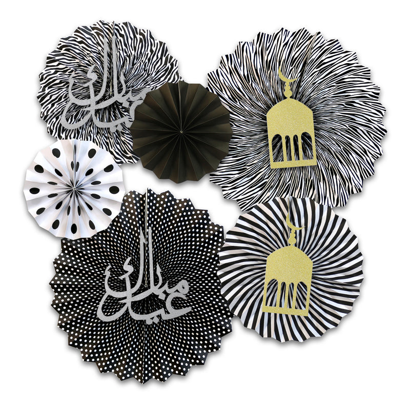 Set of 6 Black & White Eid & Ramadan Hanging Concertina Fan Decorations