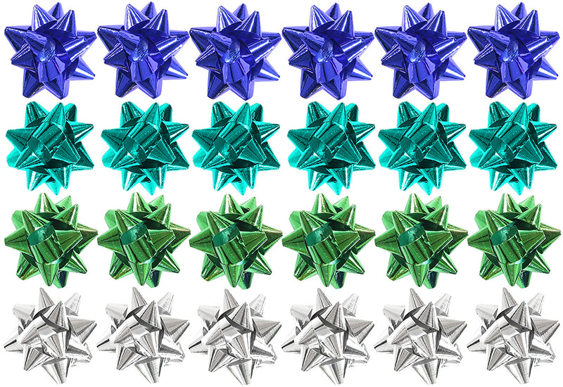 24 x Gift Bows Mini Foil Blue, Silver, Green & Turquoise Self Adhesive - 4cm
