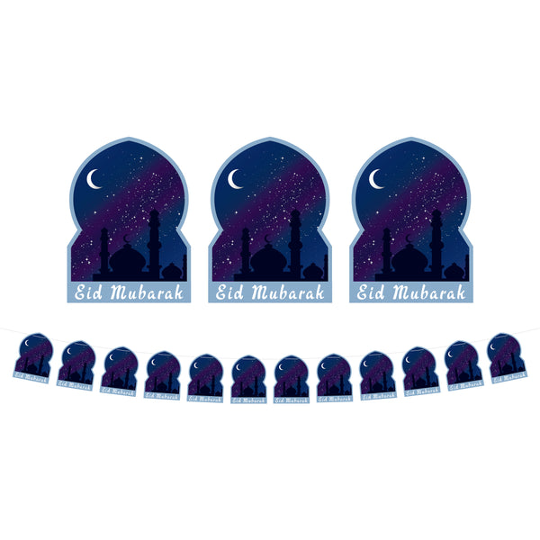 Night Sky Mosque Silhouette Eid Mubarak Card Bunting - 3 meters