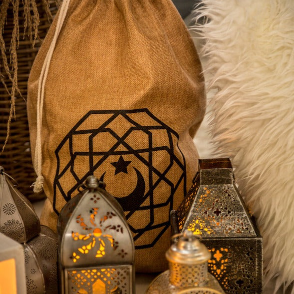 Medium Crescent Moon Geometric Eid Mubarak Hessian Gift Sack (60x40cm)