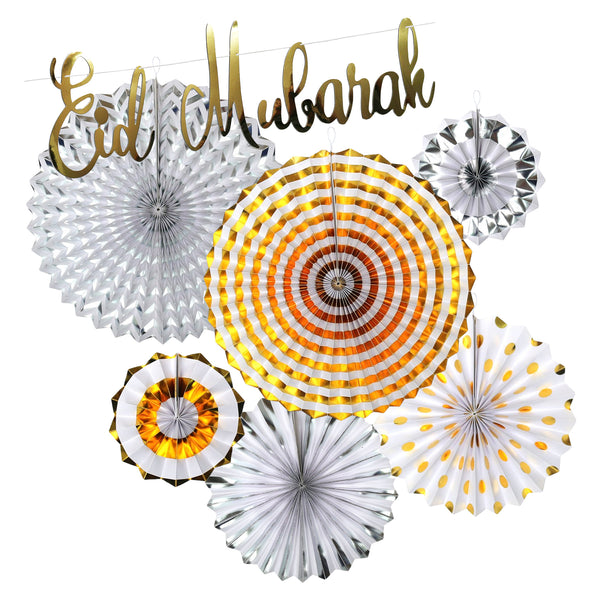 Classic Gold & Silver Concertina Fans With Gold Italic Eid Mubarak Banner