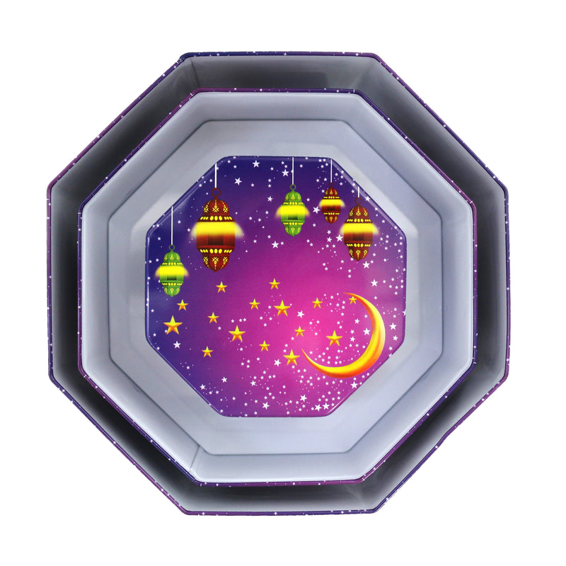 Set of 3 Purple Hexagon Small, Medium & Large Moon & Lantern Decorative Iftar Treat Tins