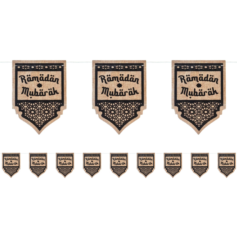 Geometric 'Ramadan Mubarak' Natural Hessian Pennant Bunting - 2m