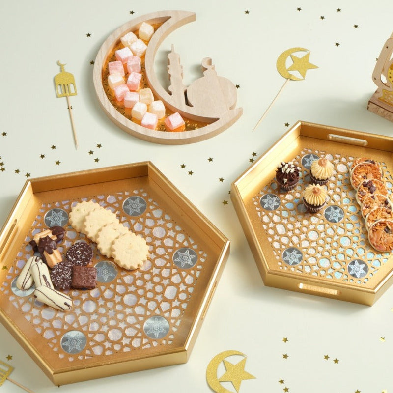 Gold Wooden Crescent Moon & Star Eid/Ramadan Food Serving Tray
