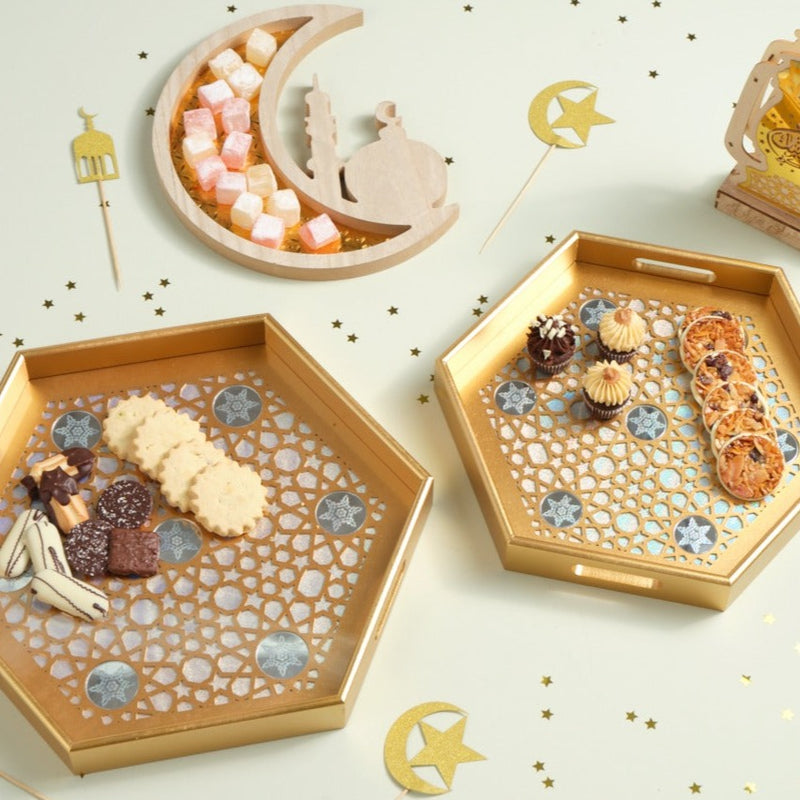 Set of 2 Golden Hexagonal Wooden Inlay Pearlescent Glitter Serving Trays