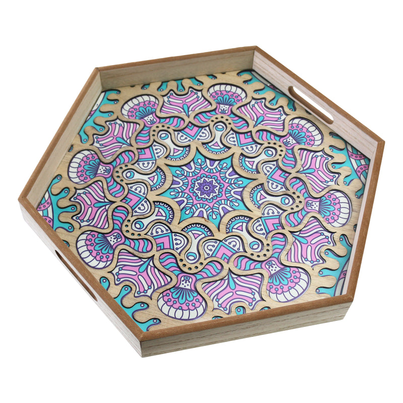 Set of 2 Wooden Hexagonal Pink & Purple Floral Inlay Food Serving Trays