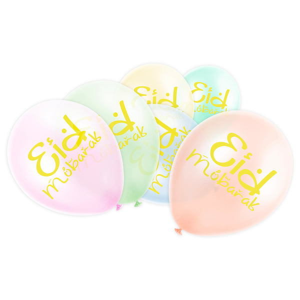 Pastel Multicolour Gold Print Eid Mubarak Latex Party Balloons (12 Pack)