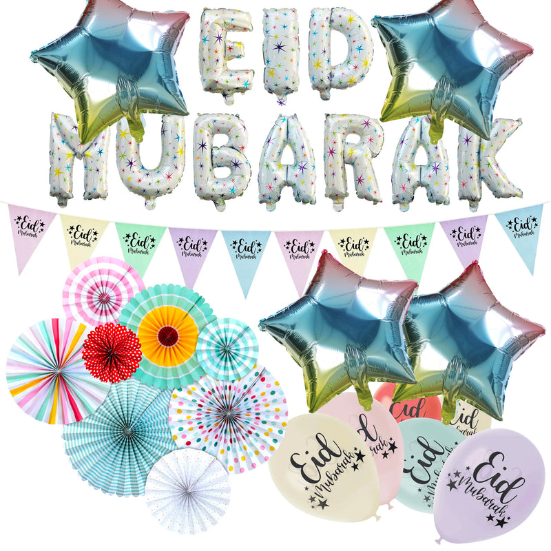 Eid Mubarak Star Foil Balloons, 4x Foil Star Balloons, Pastel Bunting, Pastel Balloons & Colourful Paper Fans Decoration Set
