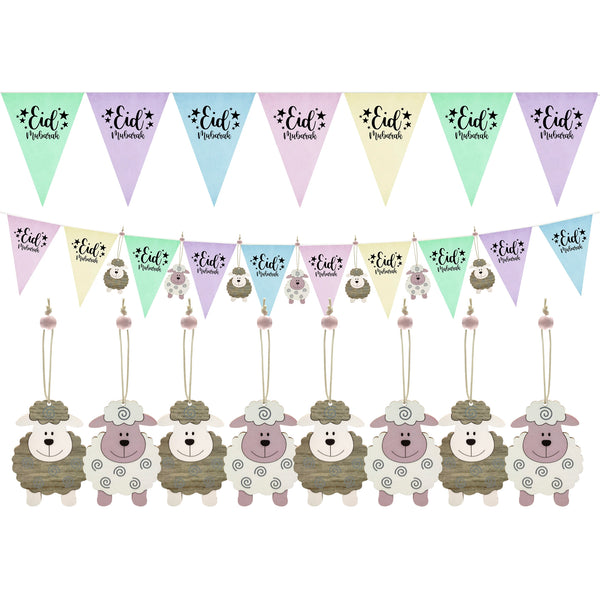 Pastel Eid Mubarak Paper Bunting & 8 Wooden Hanging Sheep Eid al-Adha Decorations