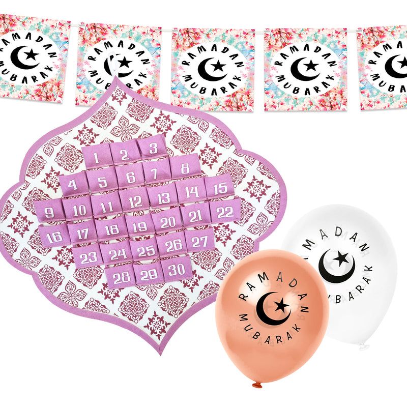 Pink Ramadan Calendar, Floral Bunting & Balloons Decoration Set