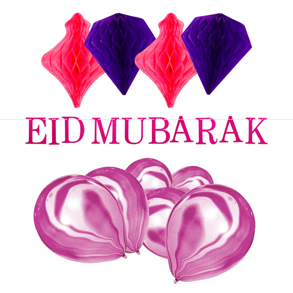 Pink Eid Mubarak Glitter Bunting, Pink & Purple Paper Lanterns & 10 Purple Marble Effect Balloons Set