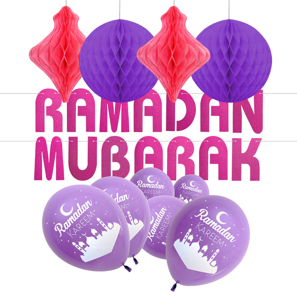 Pink Ramadan Mubarak Glitter Bunting, Purple Paper Lanterns & 10 Purple Ramadan Kareem Balloons