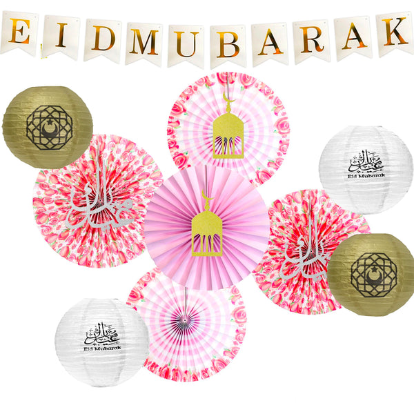 White Gold Bunting, Floral Fans w/ Symbols, 2 x Large Gold Foam Moon & Stars, Pink Honeycombs and White Geo Lanterns Decoration SET 25