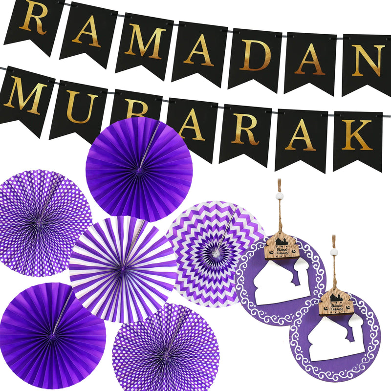 Purple Ramadan Paper Fans, Black Bunting & Purple Wooden Lanterns Decoration Set