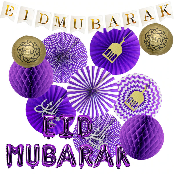 White & Gold Eid Bunting, Purple Paper Fans w/ Symbols, 2pc Purple Paper Lanterns, Gold Geo Lanterns + "Eid Mubarak" Purple Foil Balloons Decoration SET 8