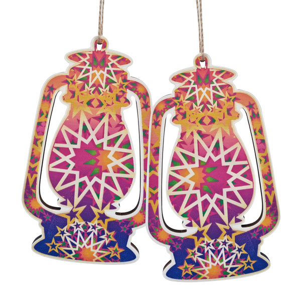 Pack of 2 Purple & Orange Star Pattern Wooden Lantern Hanging Decorations