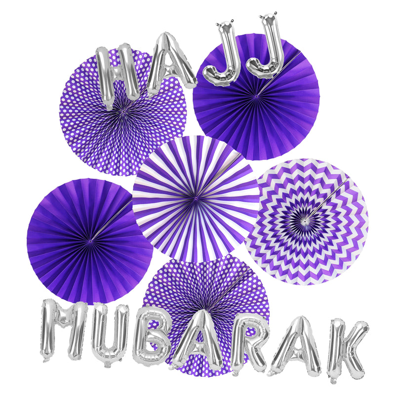 Hajj Mubarak Silver Foil Balloons & Purple Paper Fans Decorations Set