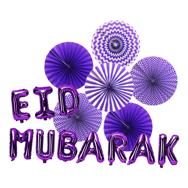 Purple Paper Fans & Purple Foil Eid Mubarak Balloons Decorations Set