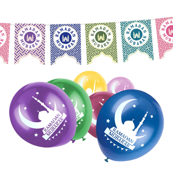 Ramadan Mubarak Multicolour Mosque Cutout Bunting & Balloon Set