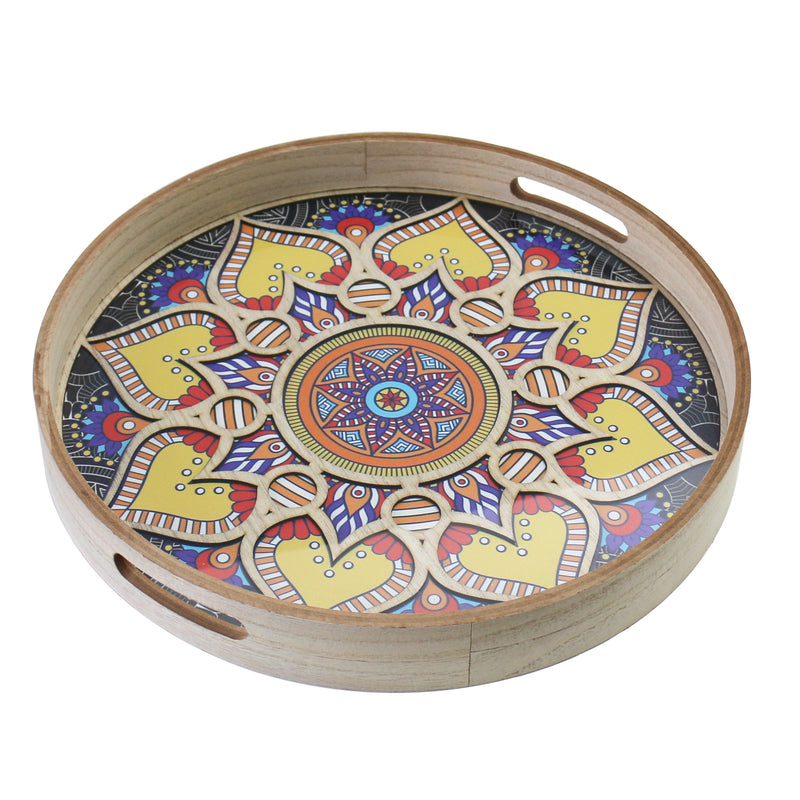 Set of 2 Wooden Circular Pink & Purple Floral Inlay Food Serving Trays