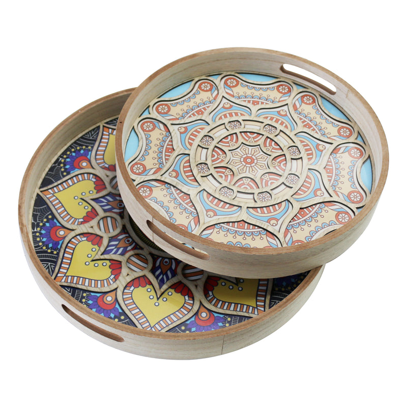Set of 2 Wooden Circular Pink & Purple Floral Inlay Food Serving Trays