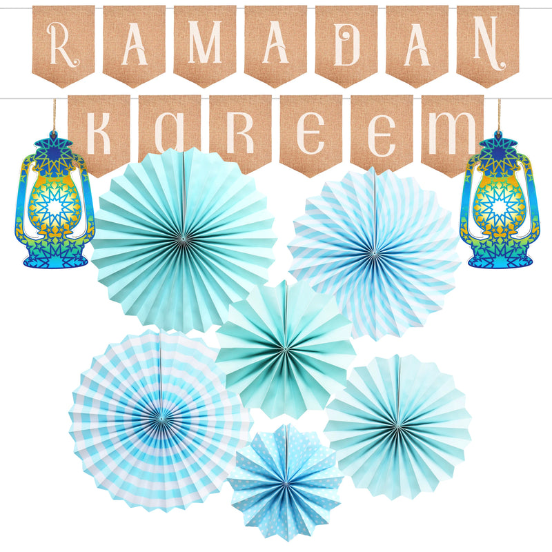 Blue Pastel Ramadan Paper Fans, Hessian Bunting & Blue Wooden Lanterns Decoration Set