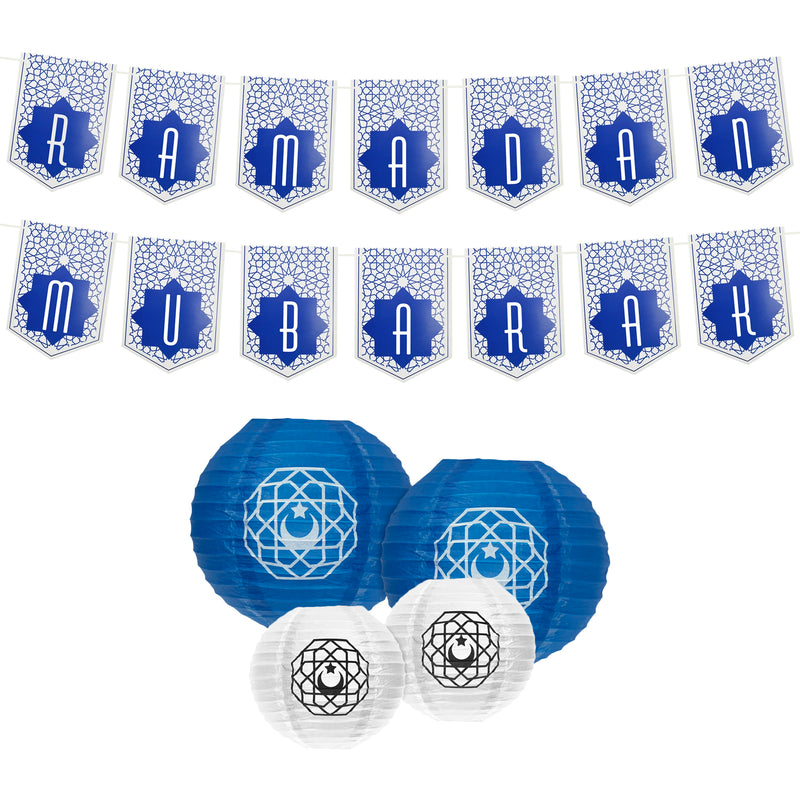 Blue Ottoman Ramadan Mubarak Bunting with 4 Paper Lanterns Decoration Set