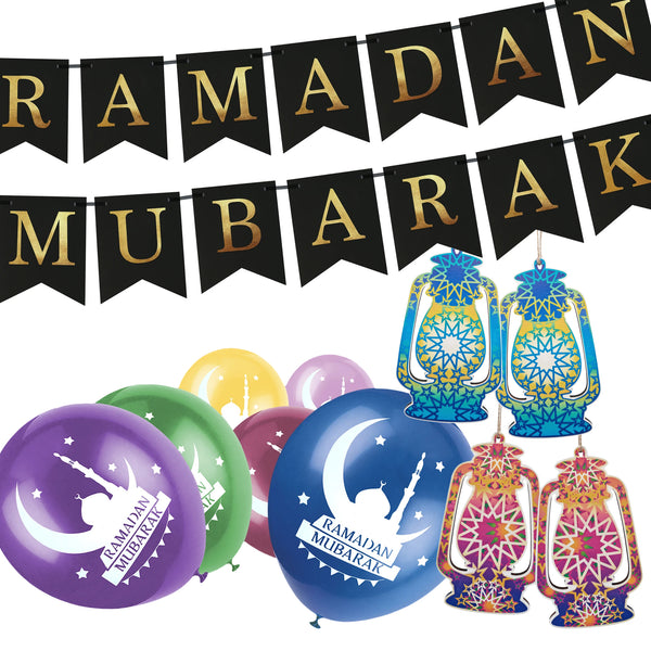 Black 'Ramadan Mubarak' Bunting, Multicolour Balloons & 4 Blue & Pink Wooden Lanterns Set
