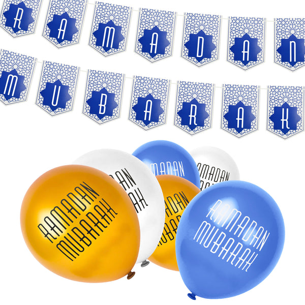 Blue Ottoman Ramadan Mubarak Bunting with 15 Gold, White & Blue Latex Balloons