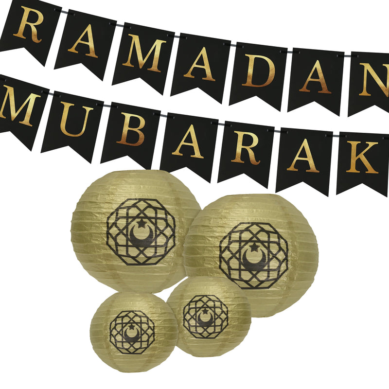 Black Ramadan Mubarak Bunting with 2x Large & 2x Mini Gold Paper Lanterns Set