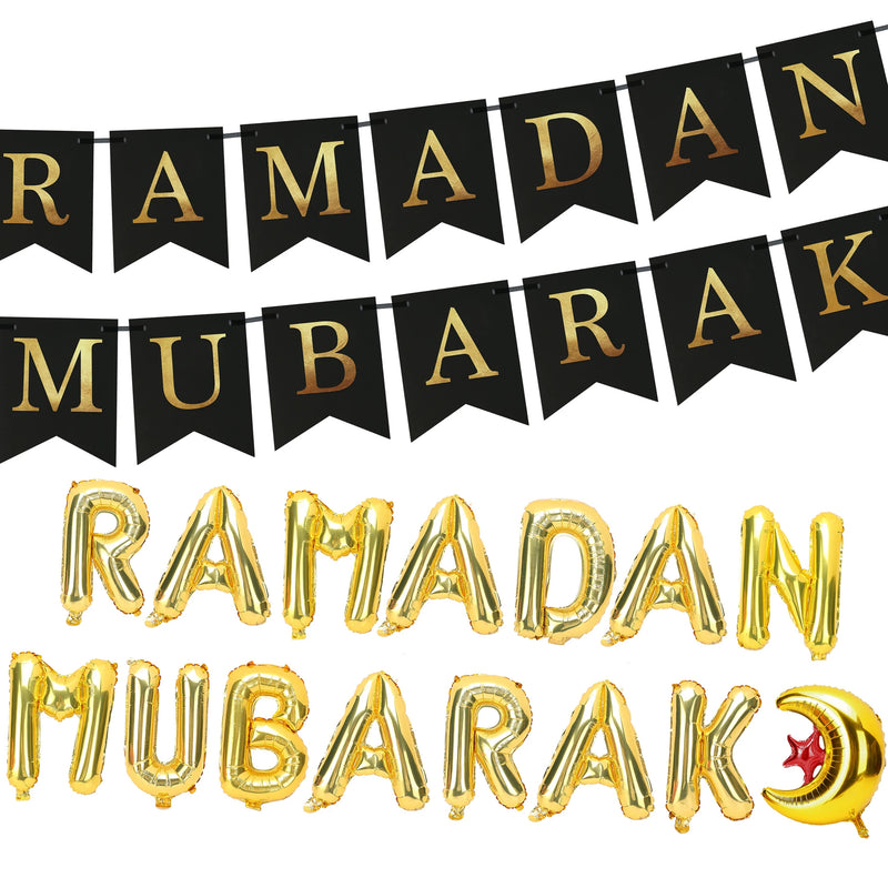 Black Dovetail Ramadan Mubarak Bunting & Gold Foil Ramadan Letter Balloons Set