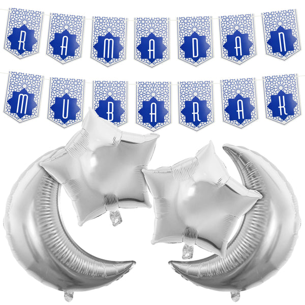 Blue Ottoman Ramadan Mubarak Bunting with 4x Silver Moon & Star Foil Balloons