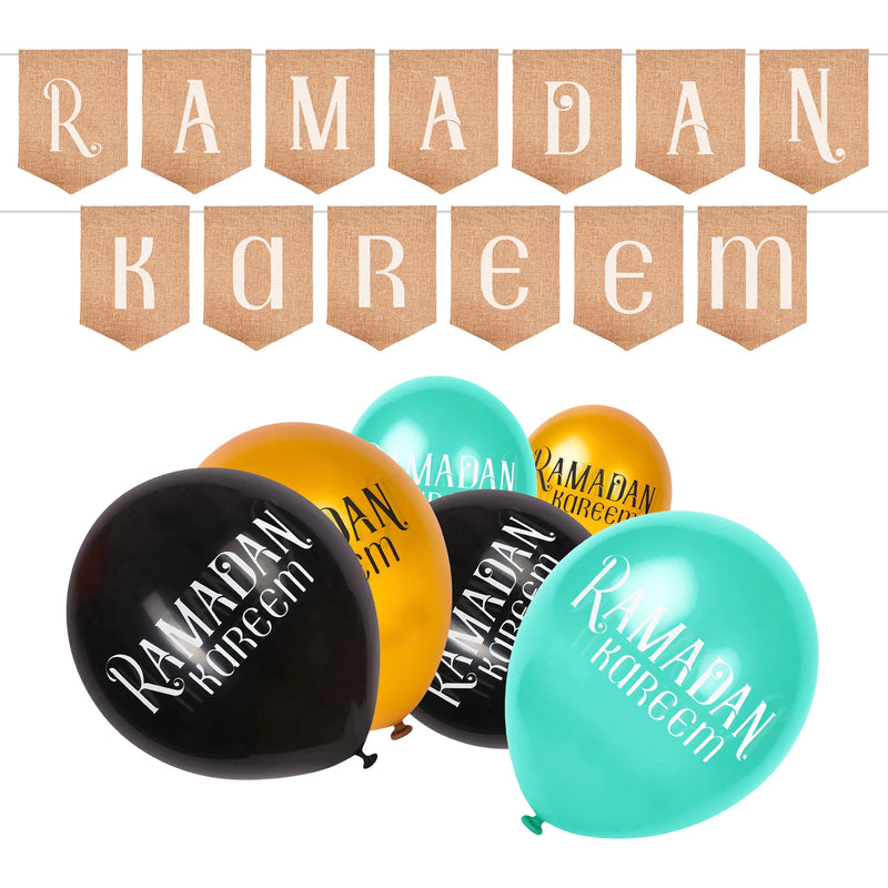 Hessian Ramadan Kareem Bunting with Black, Gold & Teal Balloons
