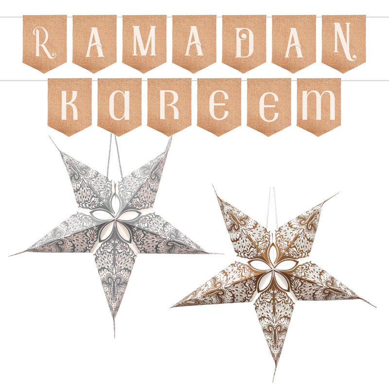 Hessian Ramadan Kareem Bunting with Gold & Silver Paisley Paper Hanging Stars