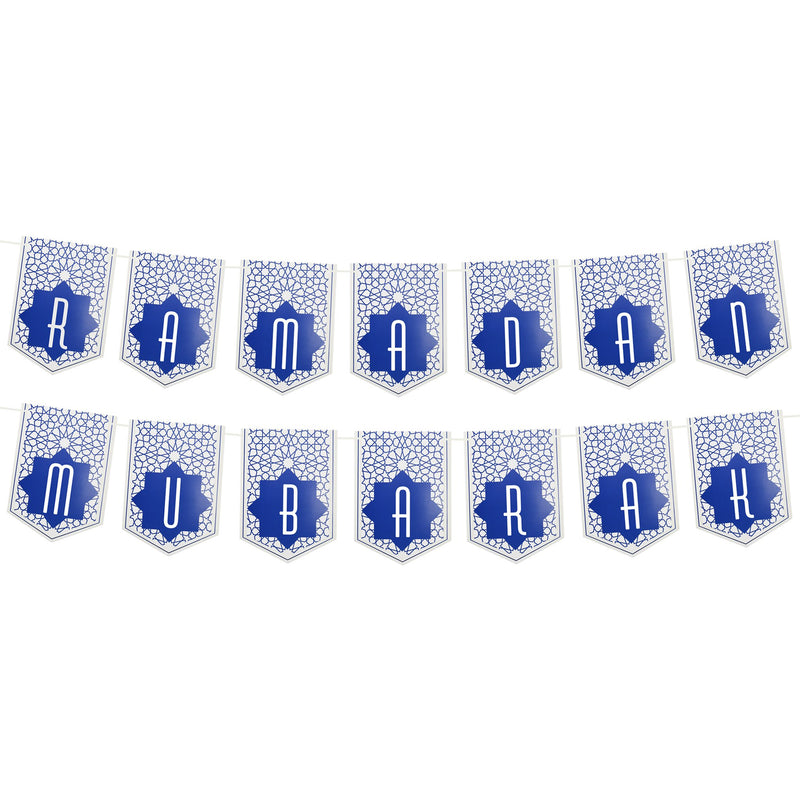 Blue Ottoman Ramadan Mubarak Bunting with 4 Paper Lanterns Decoration Set