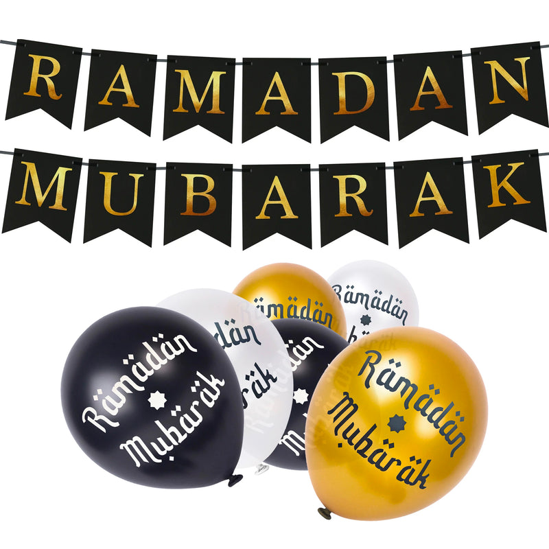 Black, Gold & Silver Islamic Star Eid Balloons & Black Dovetail Ramadan Mubarak Bunting Set